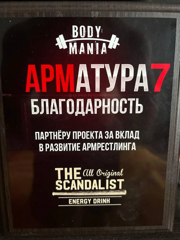 Табличка «Арматура 7. Благодарность партнёру проекта за вклад в развитие армрестлинга. The Scandalist»